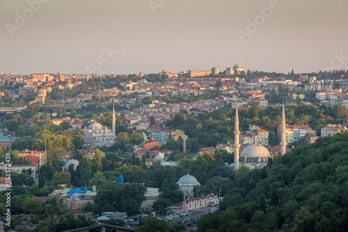 View of Istanbul at sunset from above with trees buildings