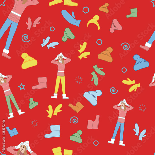 Girl is delighted with the variety of autumn-winter clothes. Seamless pattern, vector illustration