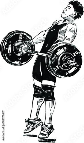 the vector illustration of the weightlifter with the barbell