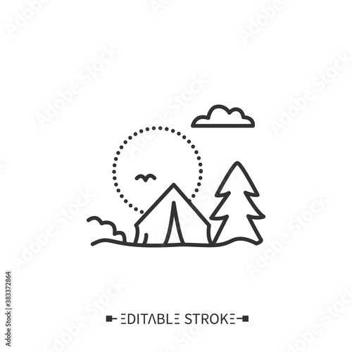  Camping line icon. Touristic overnight stay in a tent or recreational vehicle. Picnic. Adventure tourism. Green, eco tourism. Tourism types concept. Isolated vector illustration. Editable stroke