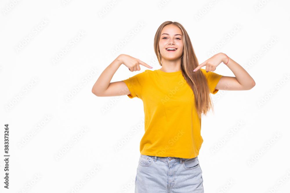 Young woman pointing at herself isolated over a white background Young woman pointing at herself isolated over a white background