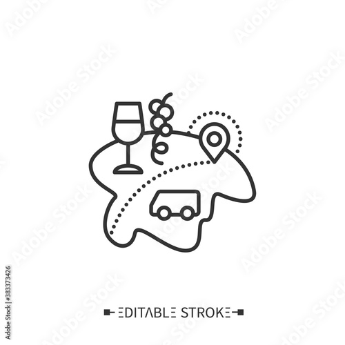 Enotourism line icon. Wine tourism, or vinitourism. Tasting, consumption wine, tour on winery. Vineyard walks. Gastronomic tourism. Tourism types concept. Isolated vector illustration.Editable stroke 