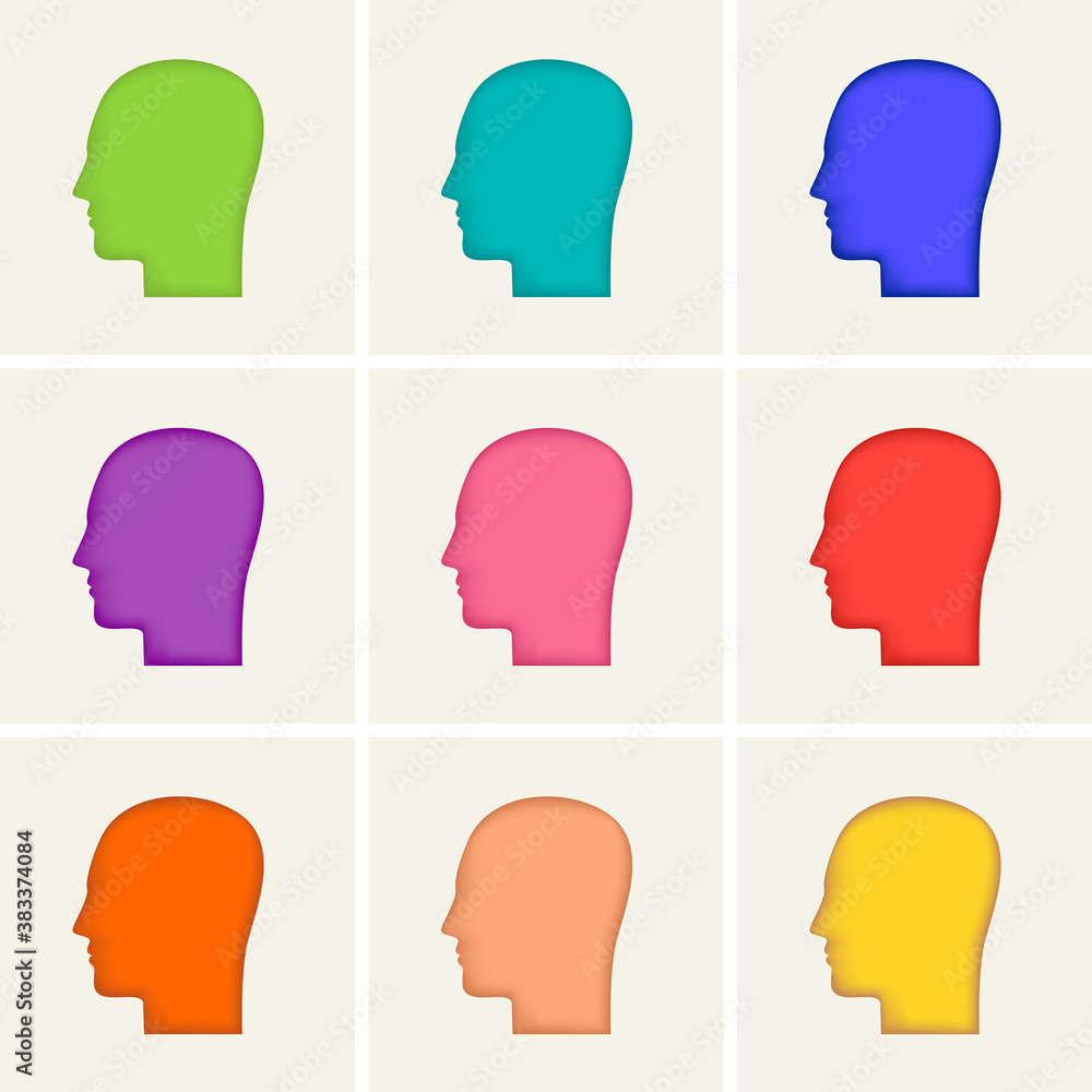 A set of colored icons. Silhouettes of a human head profile, vector illustration. Male heads in different colors isolated on a white background A set of colored icons. Silhouettes of a human head profile, vector illustration. Male heads in different colors isolated on a white background