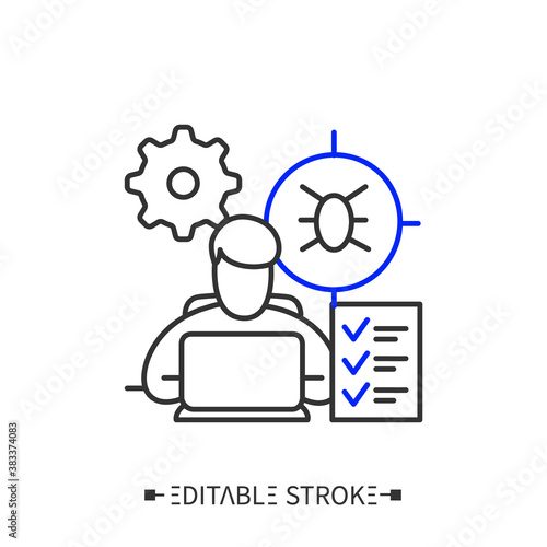 Debugging line icon. Quality assurance. Bug fixing. Post-production activities for ensuring IT reliability. Mobile app development and production concept. Isolated vector illustration.Editable stroke 
