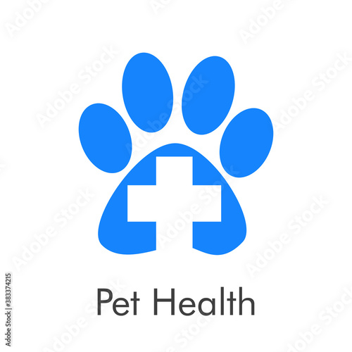 Asistencia sanitaria para mascotas. Logotipo zarpa de gato con cruz en espacio negativo en color azul