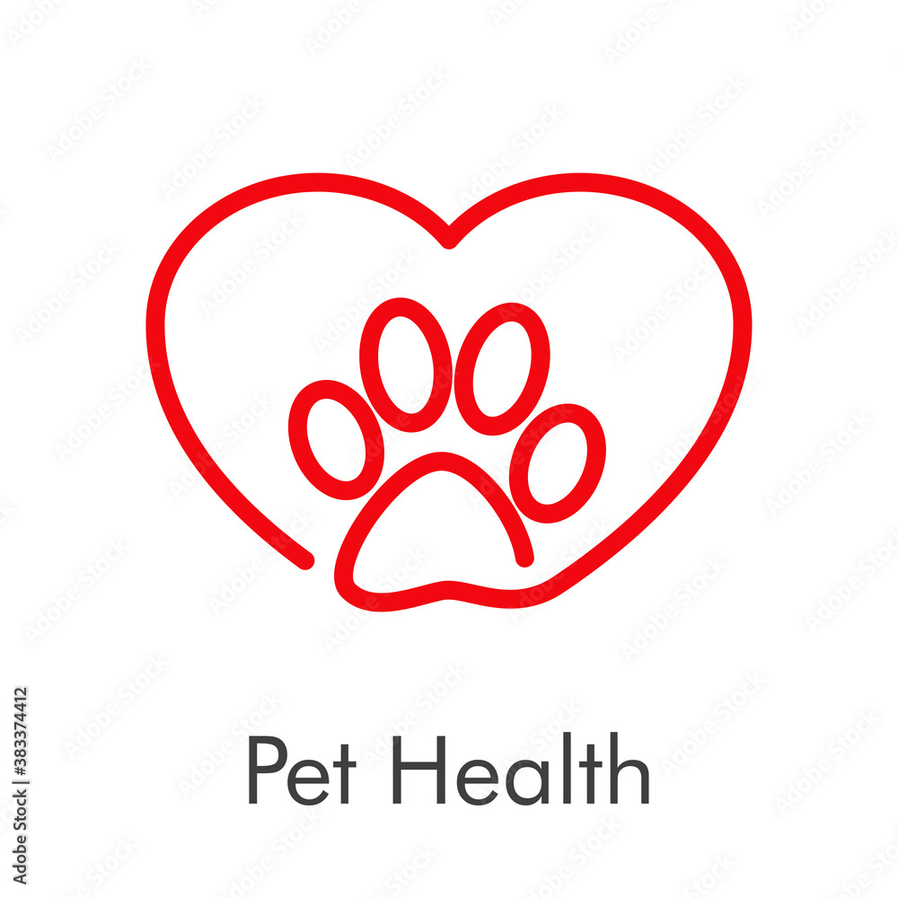 Asistencia sanitaria para mascotas. Logotipo lineal zarpa de gato con corazón en color rojo