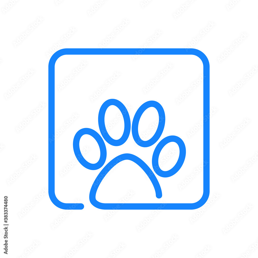 Cuidado de mascotas. Logotipo lineal zarpa de gato en cuadrado en color azul Cuidado de mascotas. Logotipo lineal zarpa de gato en cuadrado en color azul