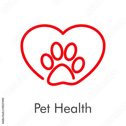 Asistencia sanitaria para mascotas. Logotipo lineal zarpa de gato con corazón en color rojo