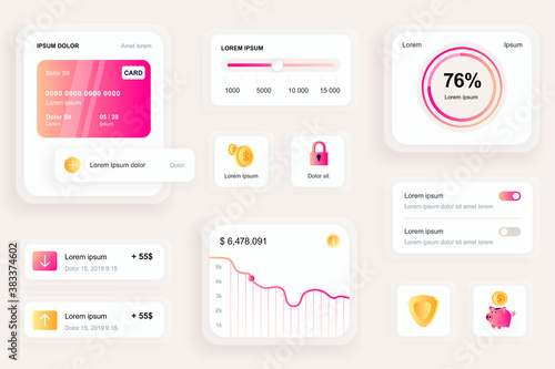 GUI elements for banking mobile app. Financial analytics of bank account, credit card balance user interface generator. Unique ui ux design kit vector illustration. Navigation and graphs components.