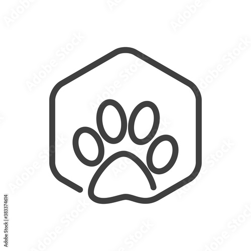 Cuidado de mascotas. Logotipo lineal zarpa de gato en hexágono en color gris