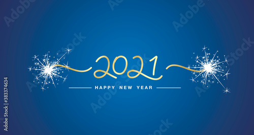 Happy New Year 2021 handwritten line design tipography gold numbers sparkle firework blue background banner