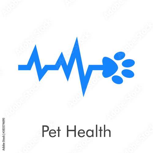 Asistencia sanitaria para mascotas. Logotipo zarpa de gato con pulso cardíaco en color azul