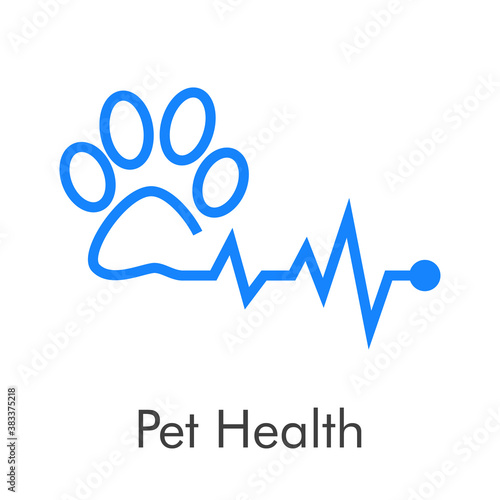 Asistencia sanitaria para mascotas. Logotipo lineal zarpa de gato con pulso cardíaco en color azul
