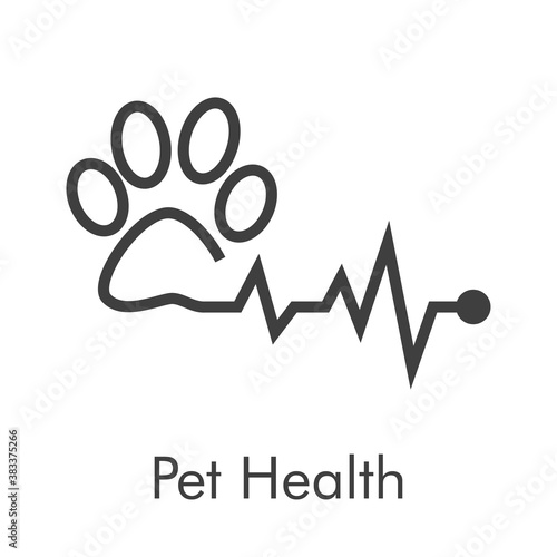 Asistencia sanitaria para mascotas. Logotipo lineal zarpa de gato con pulso cardíaco en color gris