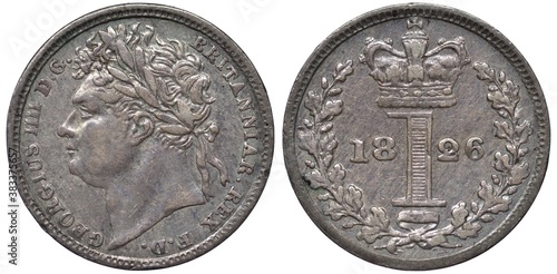 Great Britain British silver coin 1 one penny 1826, Maundy money, laureate head of King George IV left, digit of denomination divides date within oak wreath, crown above, photo