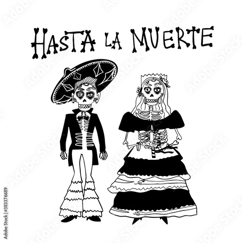 Hasta La Muerte Vector Lettering.  Dia de los muetros. Vector vertical banner with Mexican paper cutting flags. For cards, posters, coloring book, decor, logo tattoo illustration.