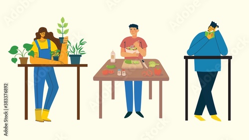 Stay and work at home. People staying at home doing different activity: cooking, gardening reading at home.
