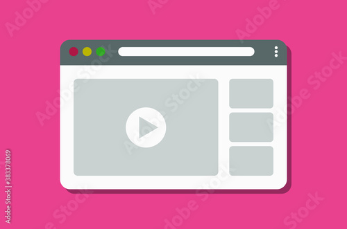 Vector illustration of internet window with shadow on light red background. Video clips in the browser window. Video website window. IT flat design. User interface vector illustration.