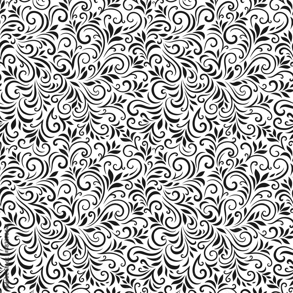 Vector seamless pattern with leaves and curls. Monochrome abstract floral background. Stylish monochrome texture. Vector seamless pattern with leaves and curls. Monochrome abstract floral background. Stylish monochrome texture.