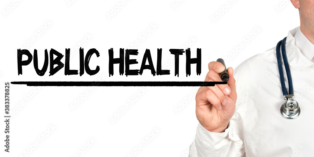 Doctor writes the word - PUBLIC HEALTH. Image of a hand holding a marker isolated on a white background. Doctor writes the word - PUBLIC HEALTH. Image of a hand holding a marker isolated on a white background.