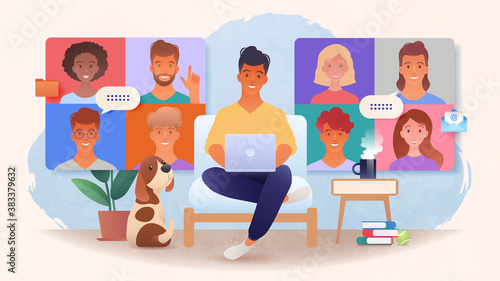 Virtual group meeting being held via video conference from home. Man using laptop computer chatting with colleagues online in cozy home office with dog, coffee and plant. Vector illustration.