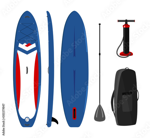 Paddle board set of objects isolated illustration.