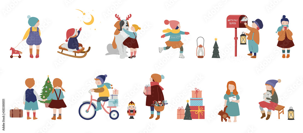 Fototapeta premium Vintage style cute Scandinavian winter kids. Children and babies wearing fashion bohemian clothes. Retro style vector illustrations. Fashion concept