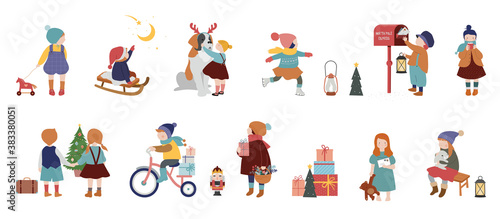 Vintage style cute Scandinavian winter kids. Children and babies wearing fashion bohemian clothes. Retro style vector illustrations. Fashion concept