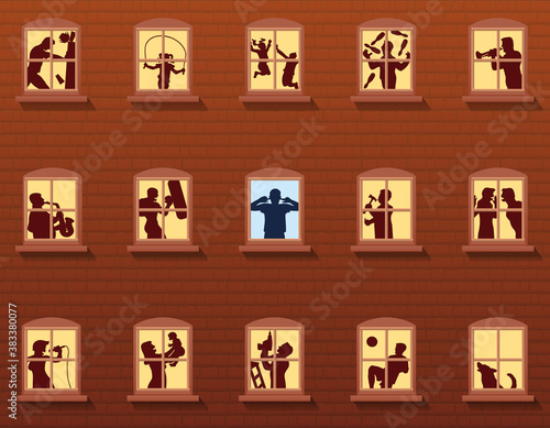Loud neighbors behind windows - annoyed man covers his ears - brickwall house with people that make various kinds of noise - vector illustration.
