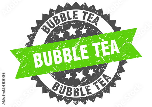 bubble tea stamp. grunge round sign with ribbon