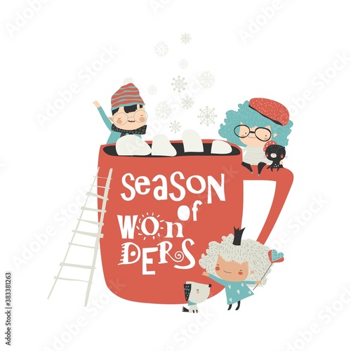 Funny cartoon children sitting near big red cup with cocoa and marshmallow