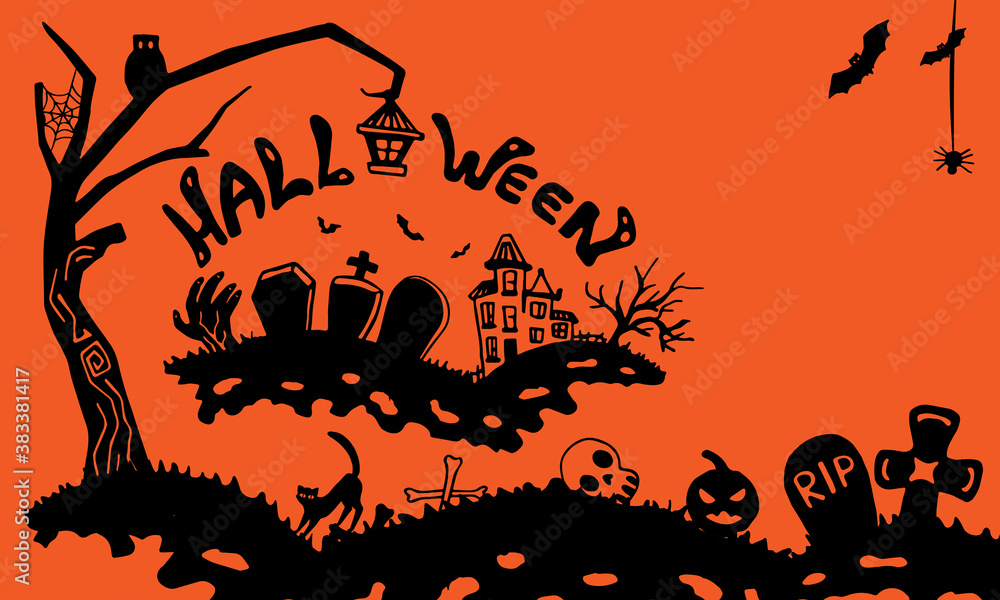 Halloween postcard with copy space on orange backdrop. Celebration symbol for invitation or gift card, notebook, bath tile, scrapbook. Phone case or cloth print. Doodle style stock vector illustration