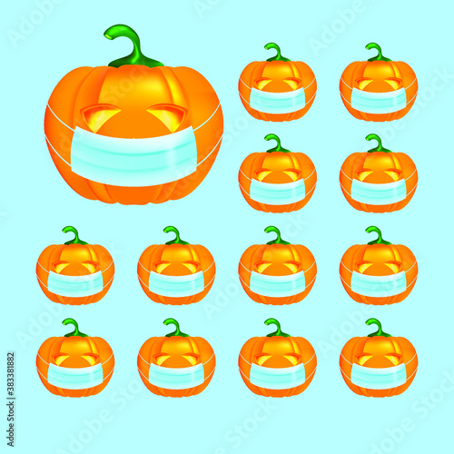 Halloween pumpkin in medical mask icon on white background. Isolated pumpkin for design. Halloween symbol. Quarantine holiday. Vector illustration for design.