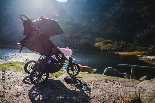 3 wheel baby stroller in mountains photo