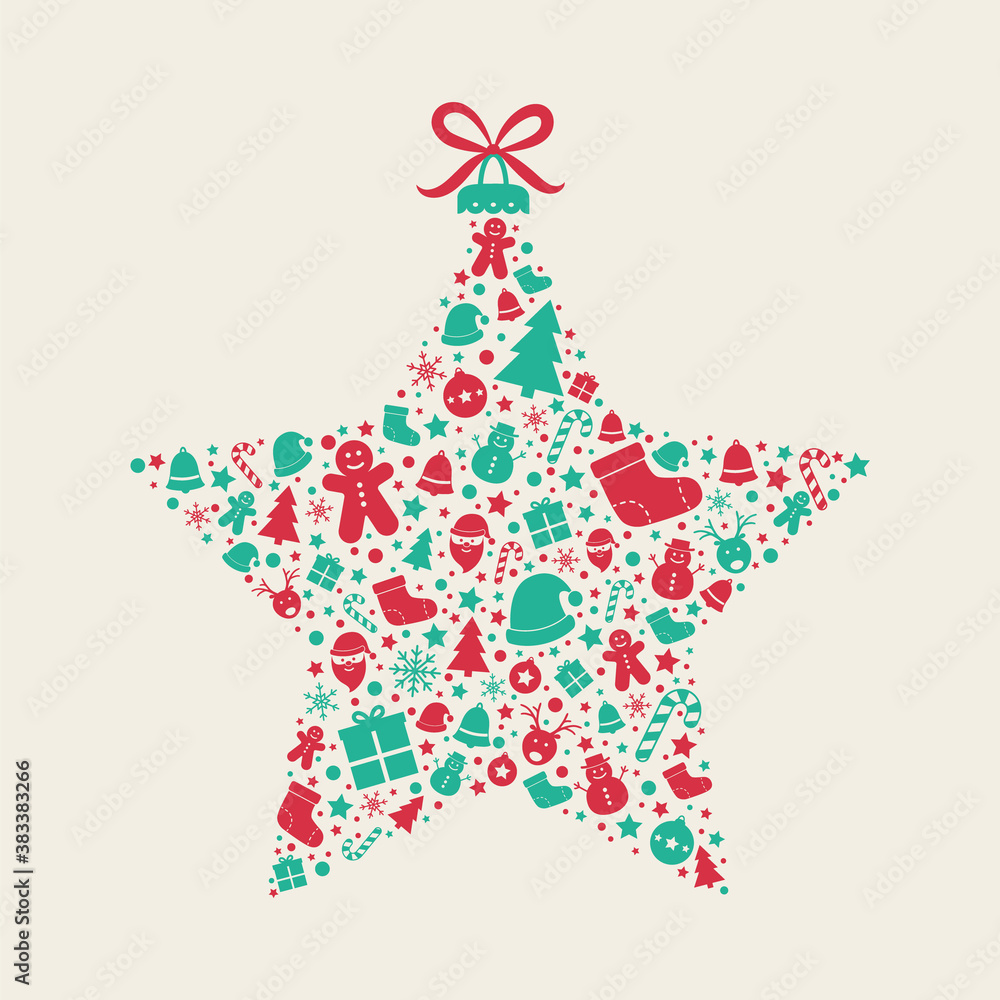 Christmas star made of festive icons. Xmas decoration. Vector