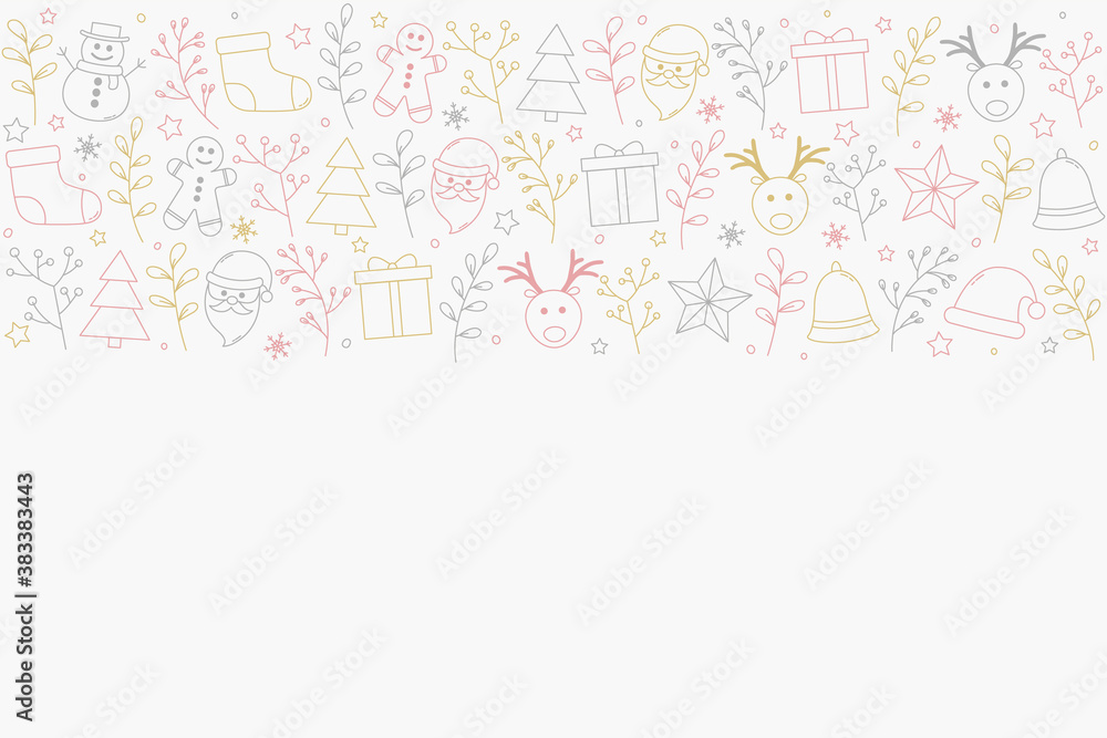 Fototapeta premium Design of Christmas background with ornaments. Empty Xmas card. Vector