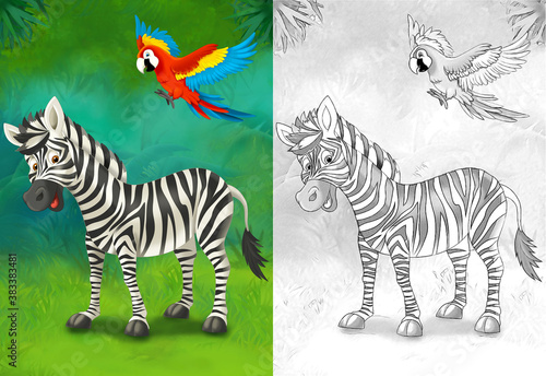 cartoon sketch scene with zebra in the forest - illustration