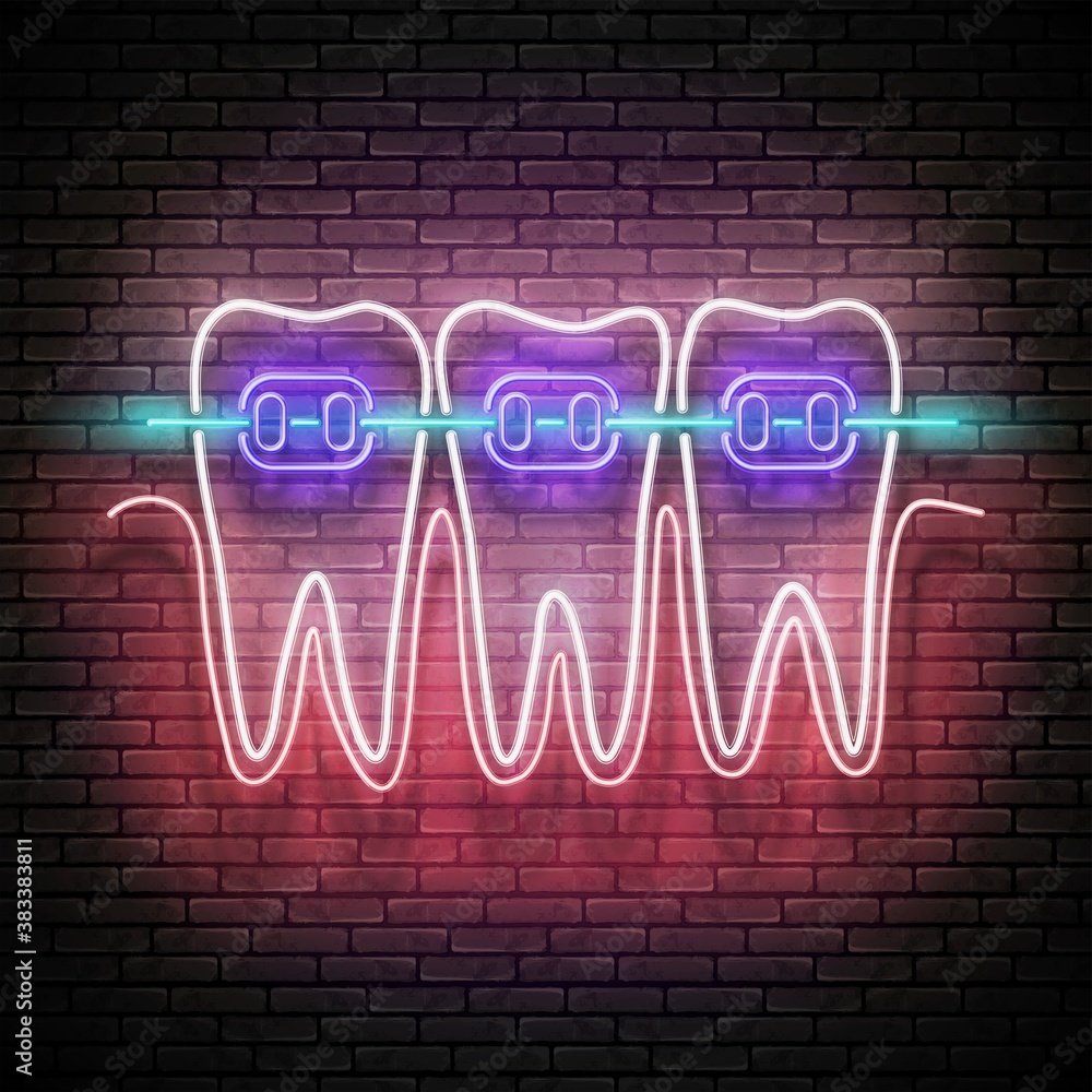 Glow Dentition with White Teeth and Braces. Orthodontic Clinic Concept