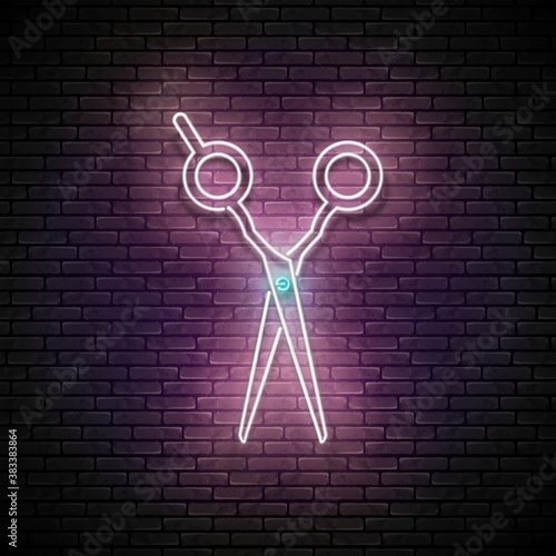 Glow Hairdressing Scissors, Professional Hairstyling Tool. Barbershop, Hairdresser Salon Template. Shiny Neon Light Poster, Flyer, Banner. Brick Wall. Vector 3d Illustration