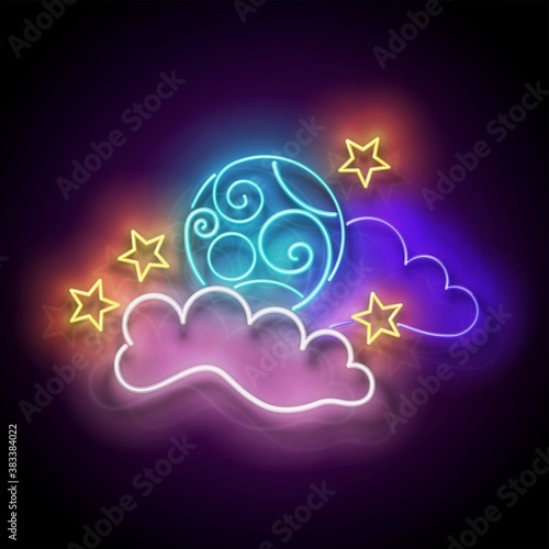 Glow Halloween Night Sky with Full Moon and Stars. Postcard Holiday Template. Shiny Neon Poster, Banner, Invitation. Glossy Background. Vector 3d Illustration