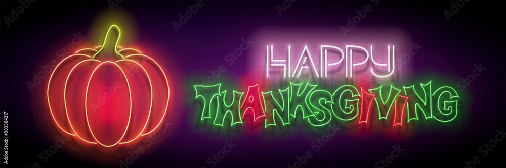 Obraz premium Glow Thanksgiving Greeting Card with Pumpkin and Inscription. Neon Light Fall Plant, Lettering. Shiny Template for Poster, Banner, Invitation. Glossy Background. Vector 3d Illustration