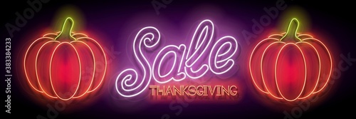 Glow Thanksgiving Greeting Card with Pumpkin and Inscription. Neon Light Fall Plant, Lettering. Shiny Template for Poster, Banner, Invitation. Glossy Background. Vector 3d Illustration