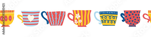 Cups seamless vector border. Repeating mugs pattern. Hand drawn illustration horizontal border with colorful tea cups.