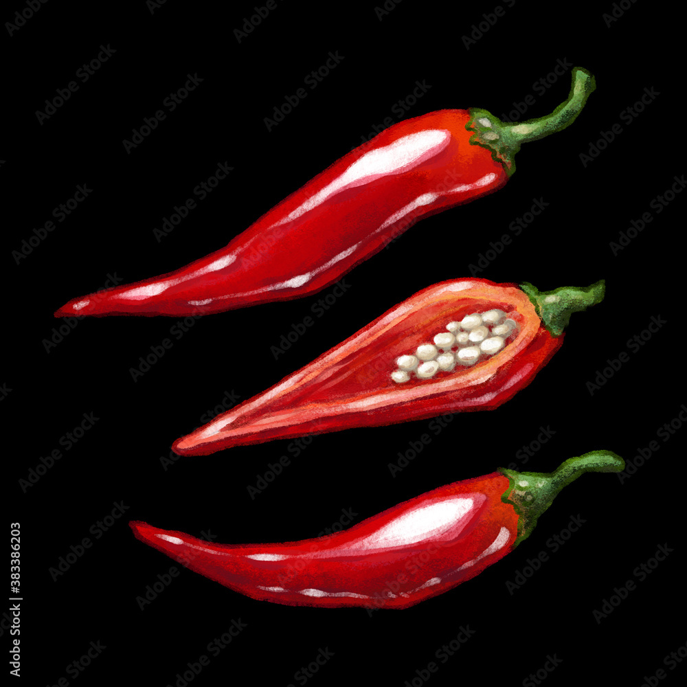 Red Pepper Paprika hand drawn watercolor illustration isolated on black. Set of mexican chili hot spicy, whole and sliced with seeds for vegetarian menu design Red Pepper Paprika hand drawn watercolor illustration isolated on black. Set of mexican chili hot spicy, whole and sliced with seeds for vegetarian menu design