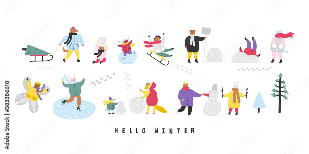 Set with cute animals in winter, playing, skiing, sledding, skating. Isolated objects on white. Hand drawn vector illustration. Concept kids print.