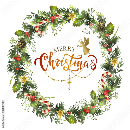 Christmas wreath with fir branches, holly berries, lettering inscription and christmas angels.