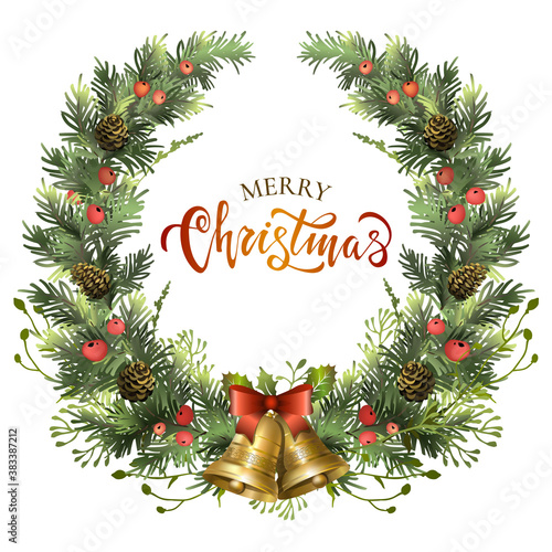 Christmas festive wreath with jingle bells  fir branches  holly berries and lettering inscription.