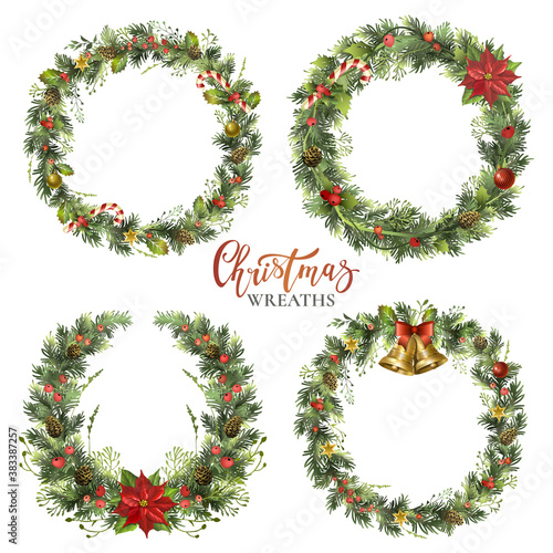 Set of Christmas wreaths with fir branches, holly berries, jingle bells and poinsettia flowers.