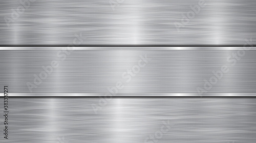 Background in silver and gray colors, consisting of a shiny metallic surface and one horizontal polished plate located centrally, with a metal texture, glares and burnished edges