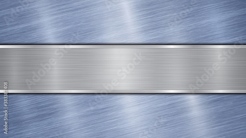 Background consisting of a blue shiny metallic surface and one horizontal polished silver plate located centrally, with a metal texture, glares and burnished edges